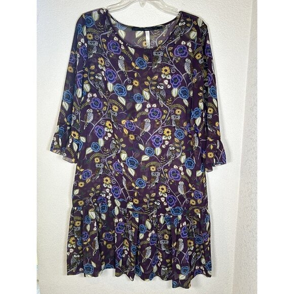 Kensie Dresses & Skirts - Kensie Tunic Dress Sheer Womens Fall Dress Halloween Dress Owls Plum Floral Sz L